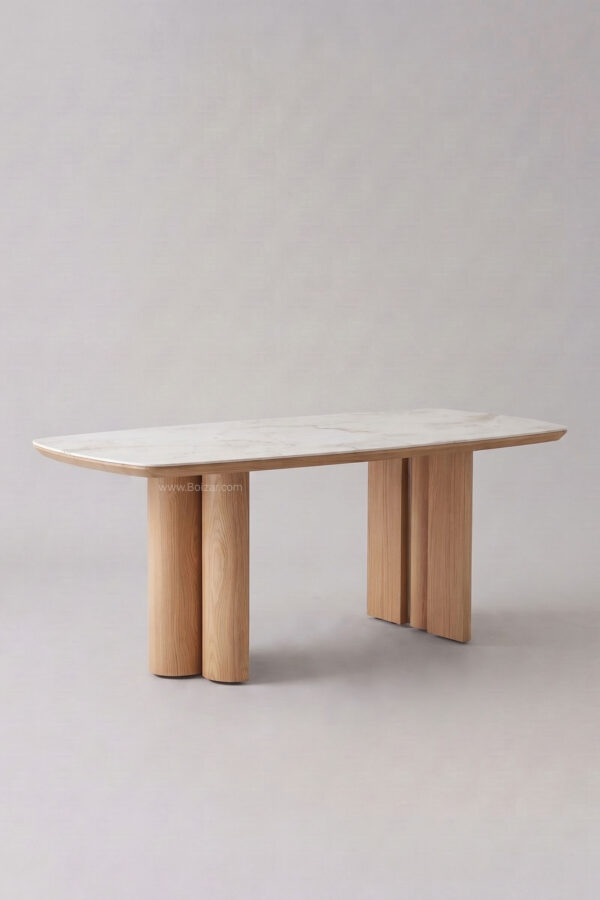 Table à manger Trinity | Hêtre et marbre beige 180 cm - Tables à manger