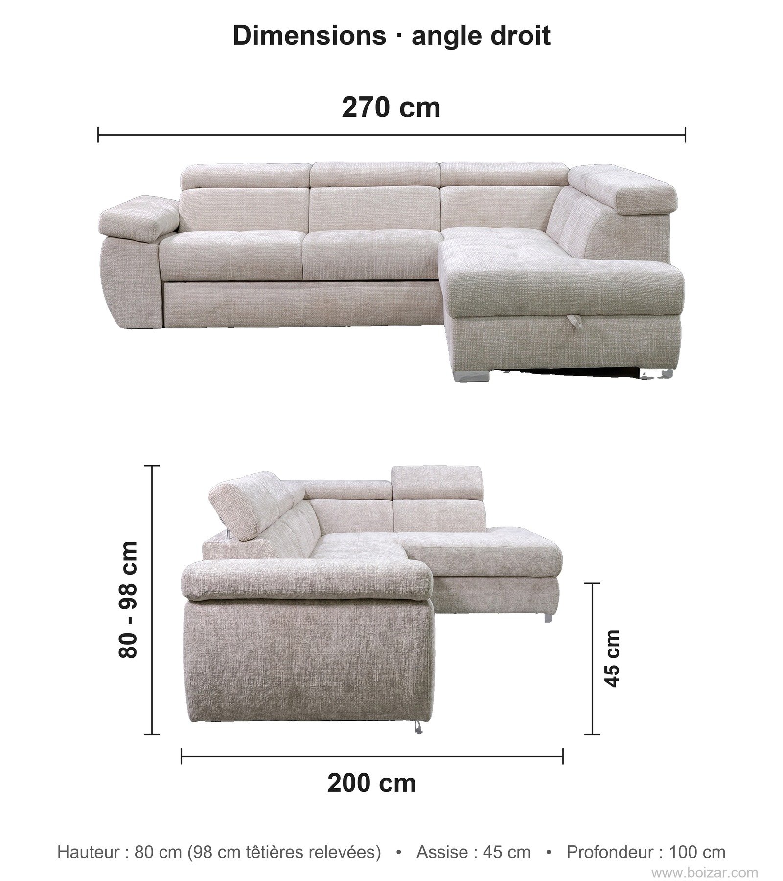 Dimensions du canapé d'angle convertible Berlin, angle droit : 270 cm de long, 200 cm de profondeur de retour, hauteur 80 cm (98 cm têtières relevées), hauteur d'assise 45 cm