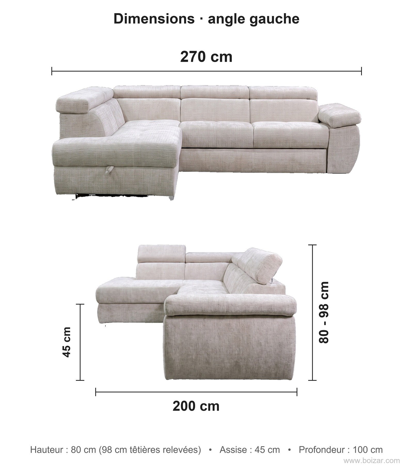 Dimensions du canapé d'angle convertible Berlin, angle gauche : 270 cm de long, 200 cm de profondeur de retour, hauteur 80 cm (98 cm têtières relevées), hauteur d'assise 45 cm