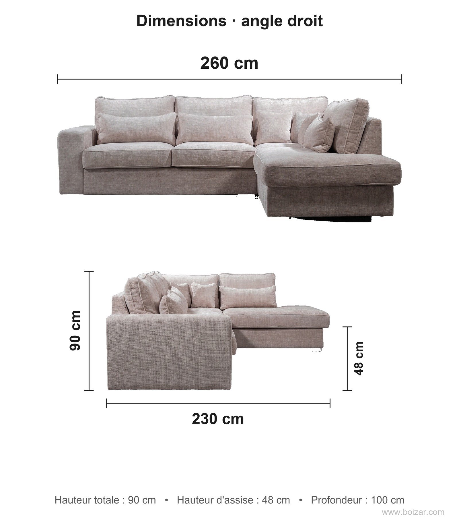 Dimensions du canapé d'angle Camelia, angle droit : 260 cm de long, 230 cm de profondeur de retour, hauteur 90 cm, hauteur d'assise 48 cm