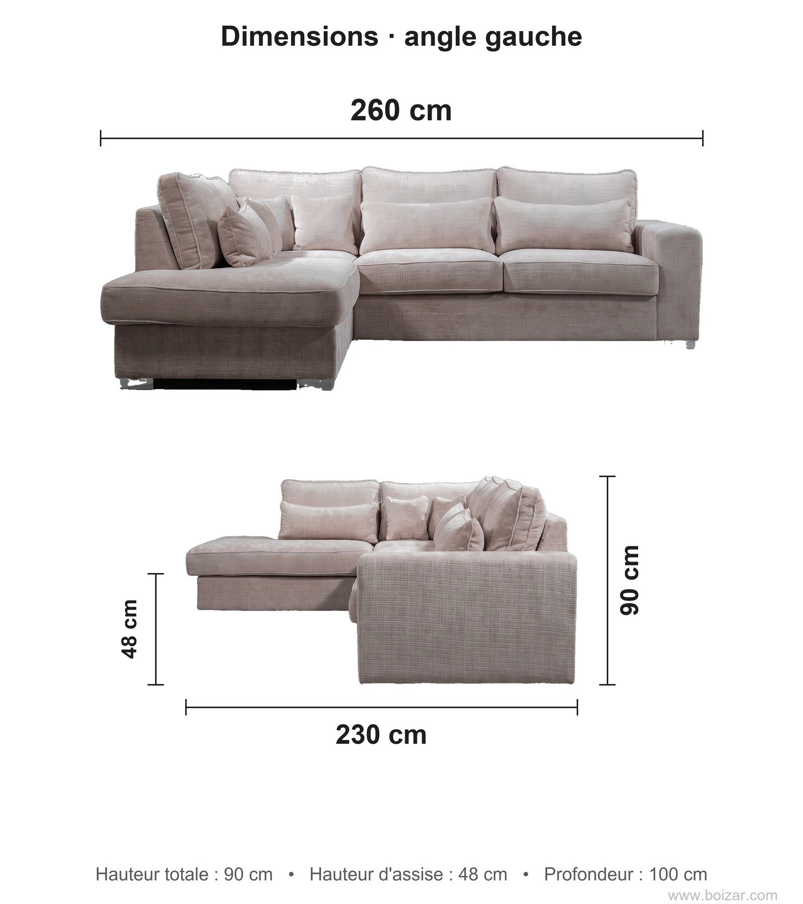 Dimensions du canapé d'angle Camelia, angle gauche : 260 cm de long, 230 cm de profondeur de retour, hauteur 90 cm, hauteur d'assise 48 cm