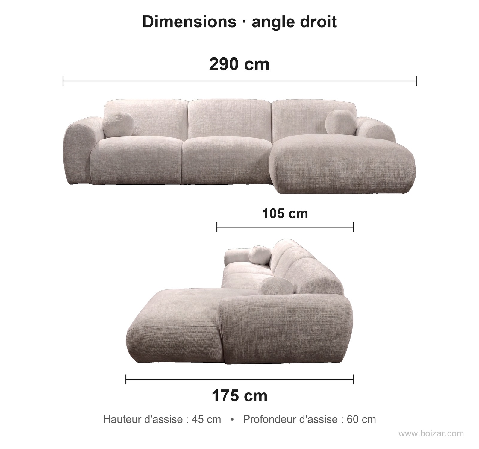 Dimensions du canapé d'angle Cloud, angle droit : 290 cm de long, 175 cm de profondeur avec la méridienne, 105 cm de profondeur d'assise