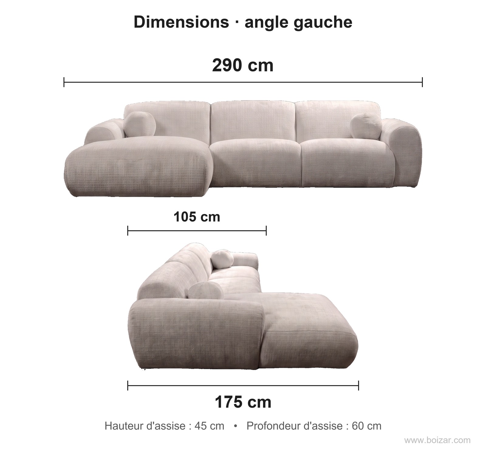 Dimensions du canapé d'angle Cloud, angle gauche : 290 cm de long, 175 cm de profondeur avec la méridienne, 105 cm de profondeur d'assise