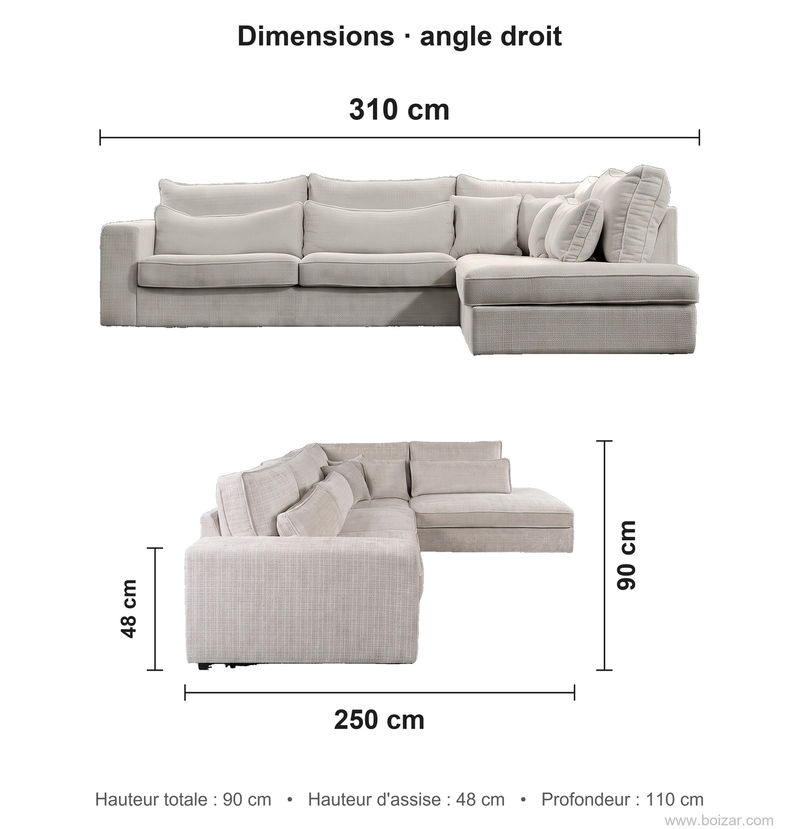 Dimensions du canapé d'angle Lexus Signature, angle droit : 310 cm de long, 250 cm de profondeur de retour, hauteur 90 cm, hauteur d'assise 48 cm