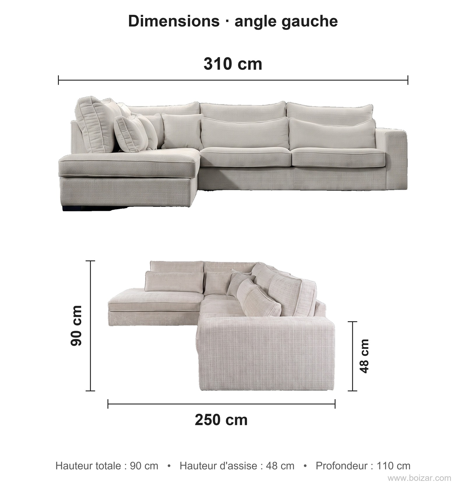 Dimensions du canapé d'angle Lexus Signature, angle gauche : 310 cm de long, 250 cm de profondeur de retour, hauteur 90 cm, hauteur d'assise 48 cm