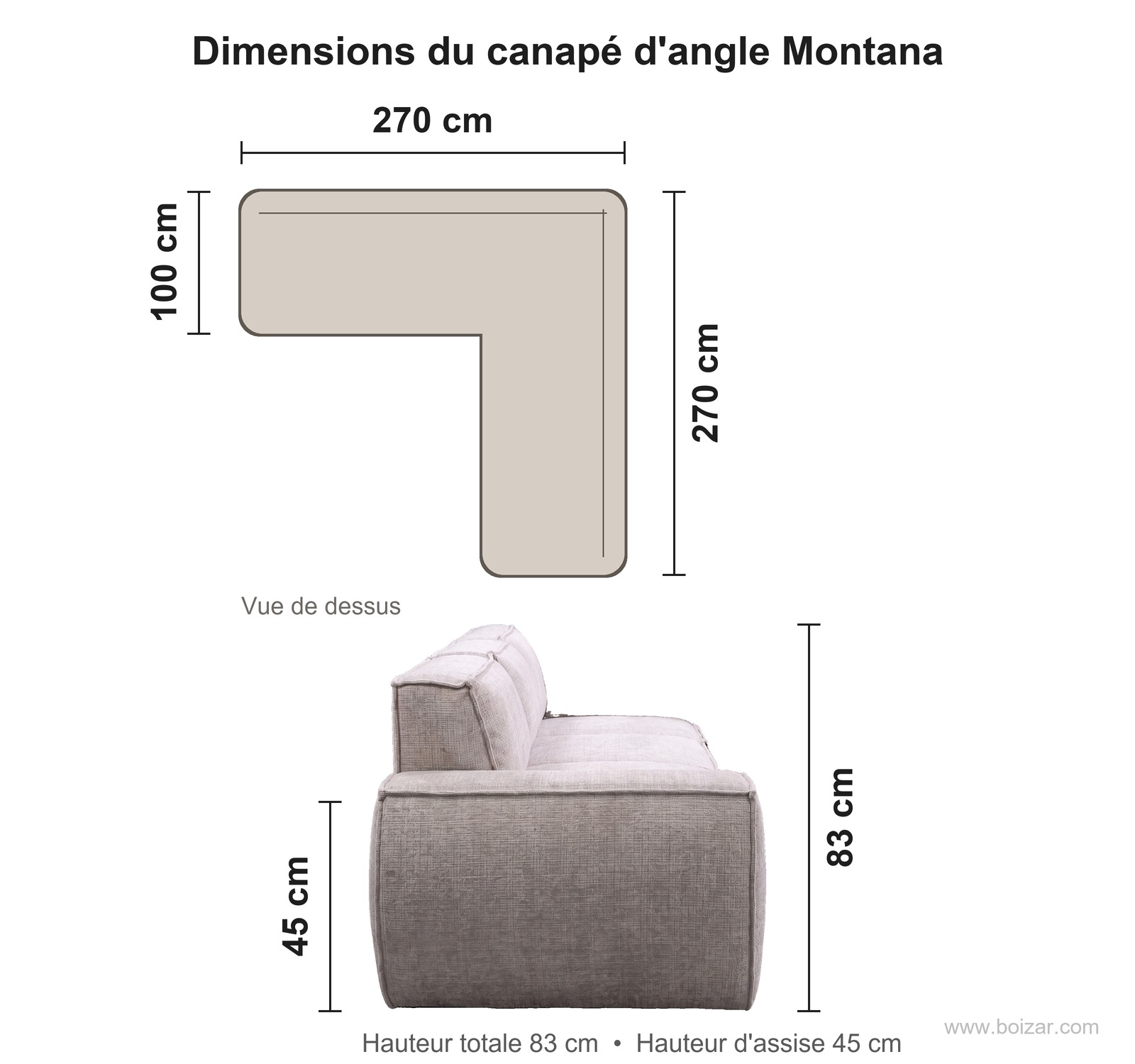 Dimensions du canapé d'angle Montana : 270 x 270 cm, profondeur 100 cm, hauteur 83 cm, hauteur d'assise 45 cm
