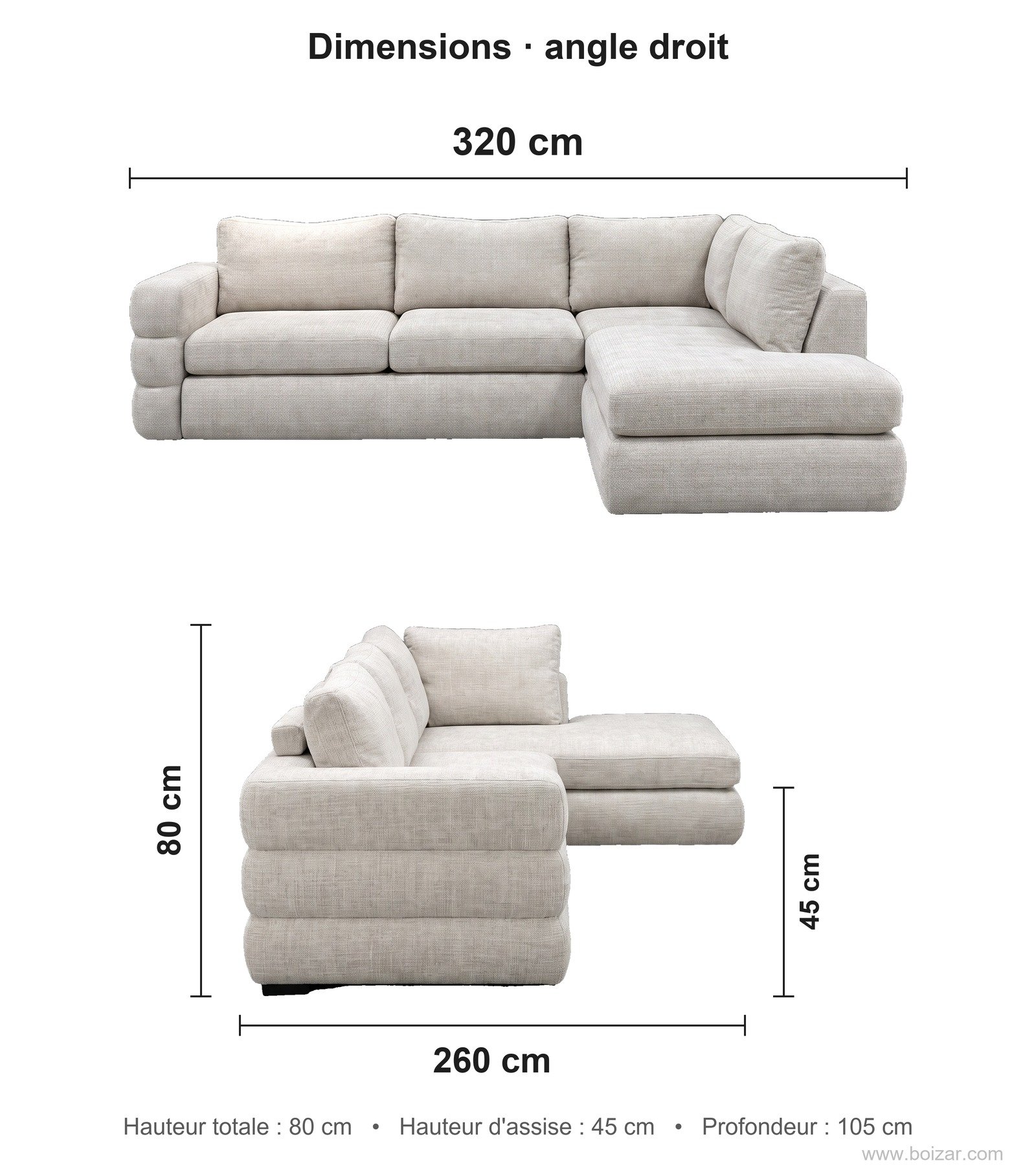 Dimensions du canapé d'angle Mont-Blanc, angle droit : 320 cm de long, 260 cm de profondeur de retour, hauteur 80 cm, hauteur d'assise 45 cm