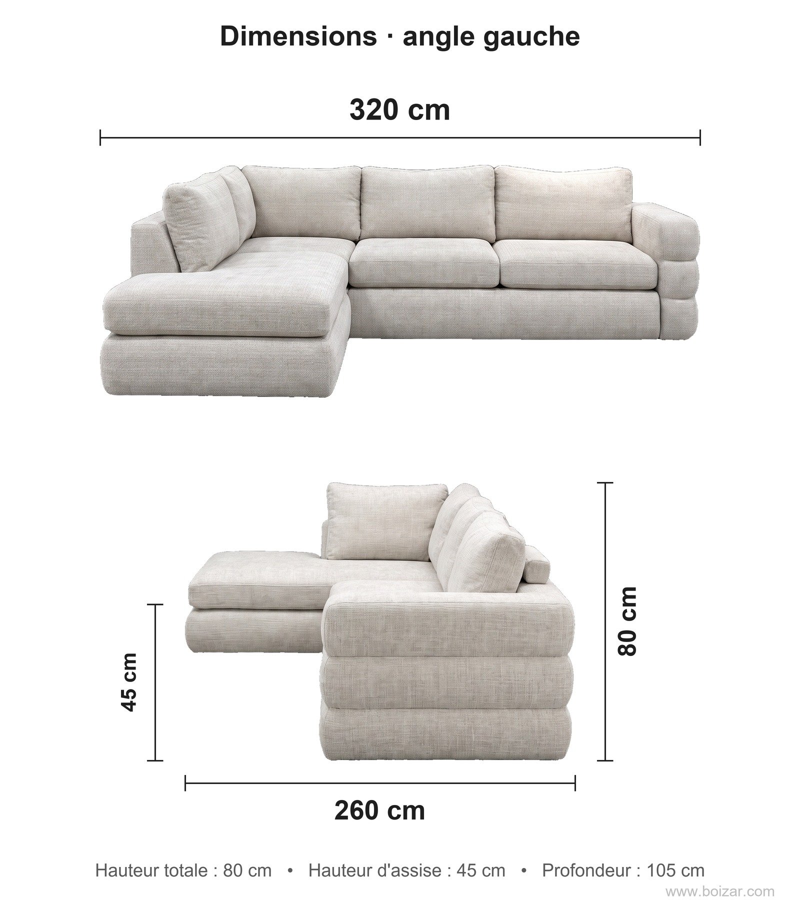 Dimensions du canapé d'angle Mont-Blanc, angle gauche : 320 cm de long, 260 cm de profondeur de retour, hauteur 80 cm, hauteur d'assise 45 cm
