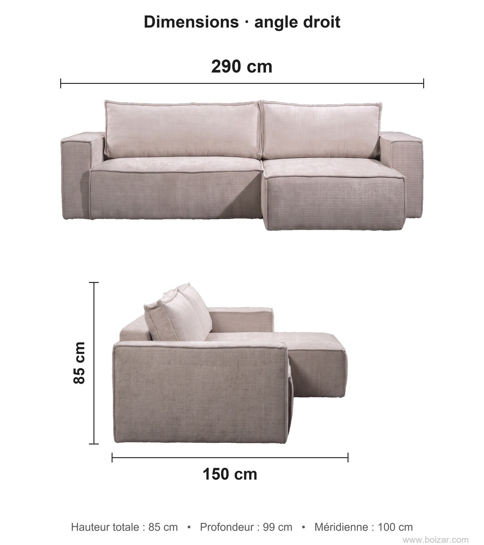 Dimensions du canapé d'angle convertible Sofia, angle droit : 290 cm de long, 150 cm de profondeur de retour, hauteur 85 cm