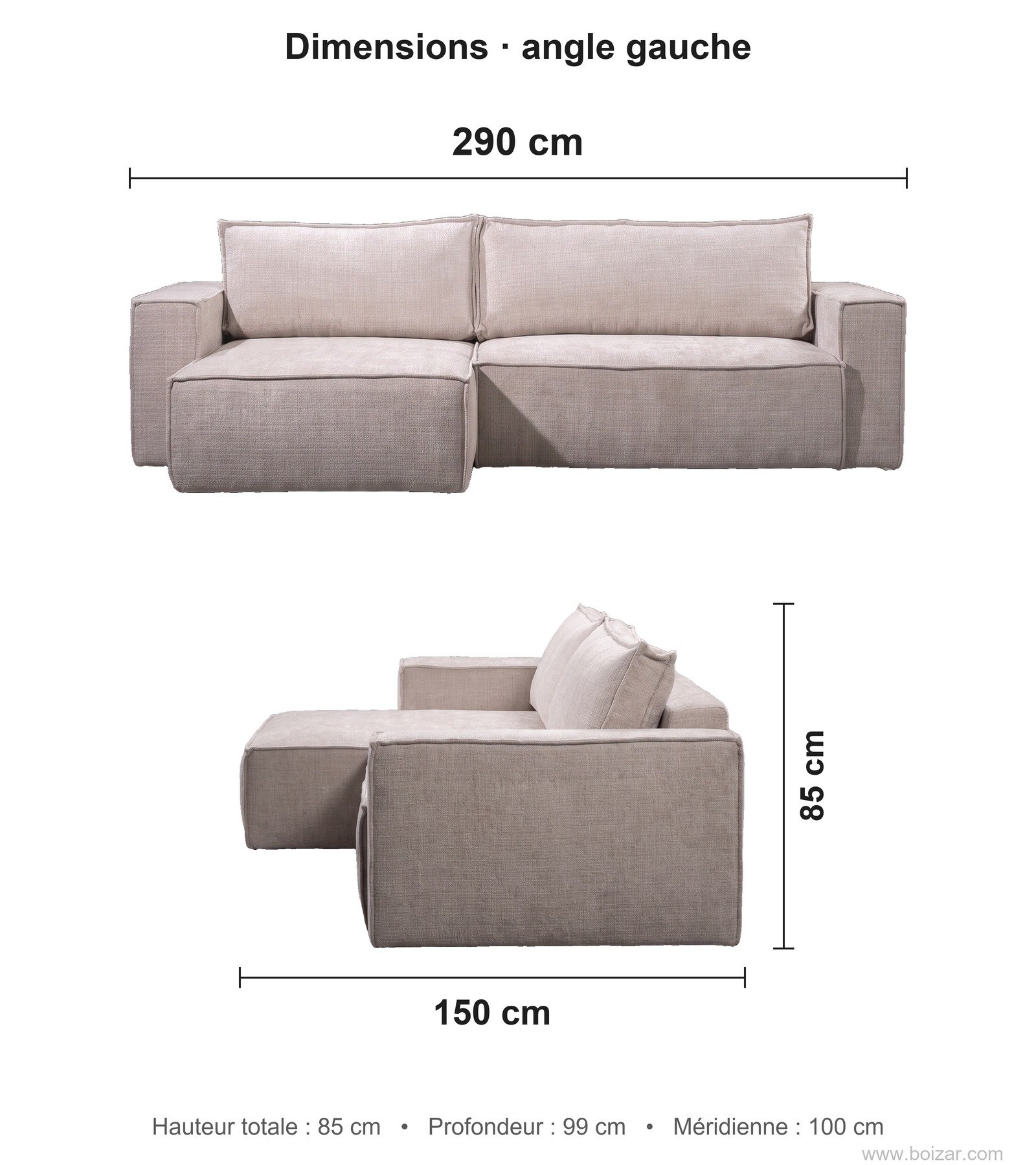 Dimensions du canapé d'angle convertible Sofia, angle gauche : 290 cm de long, 150 cm de profondeur de retour, hauteur 85 cm