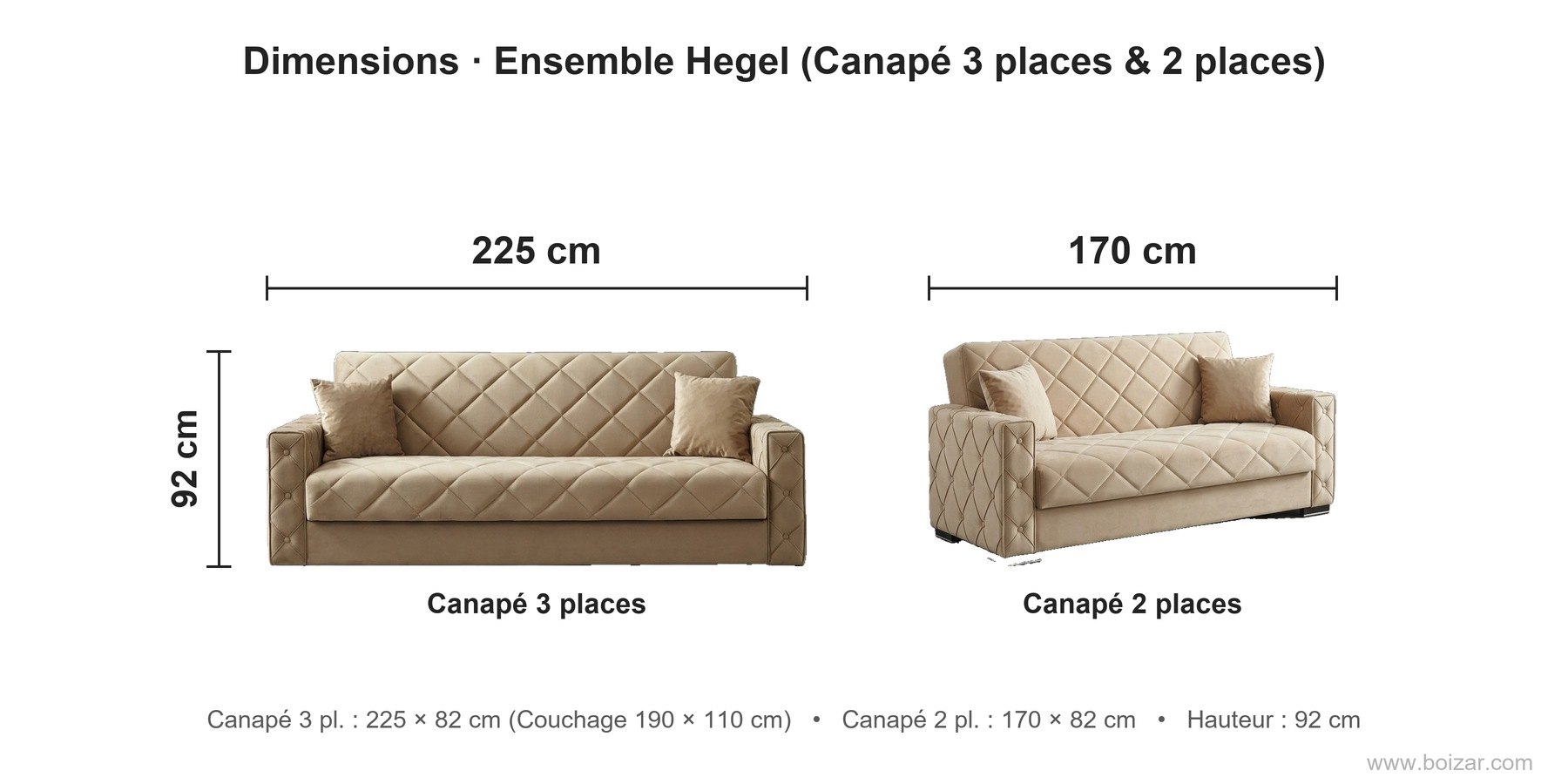 Dimensions de l'ensemble Hegel 3+2 : canapé 3 places 225 cm, canapé 2 places 170 cm, hauteur 92 cm