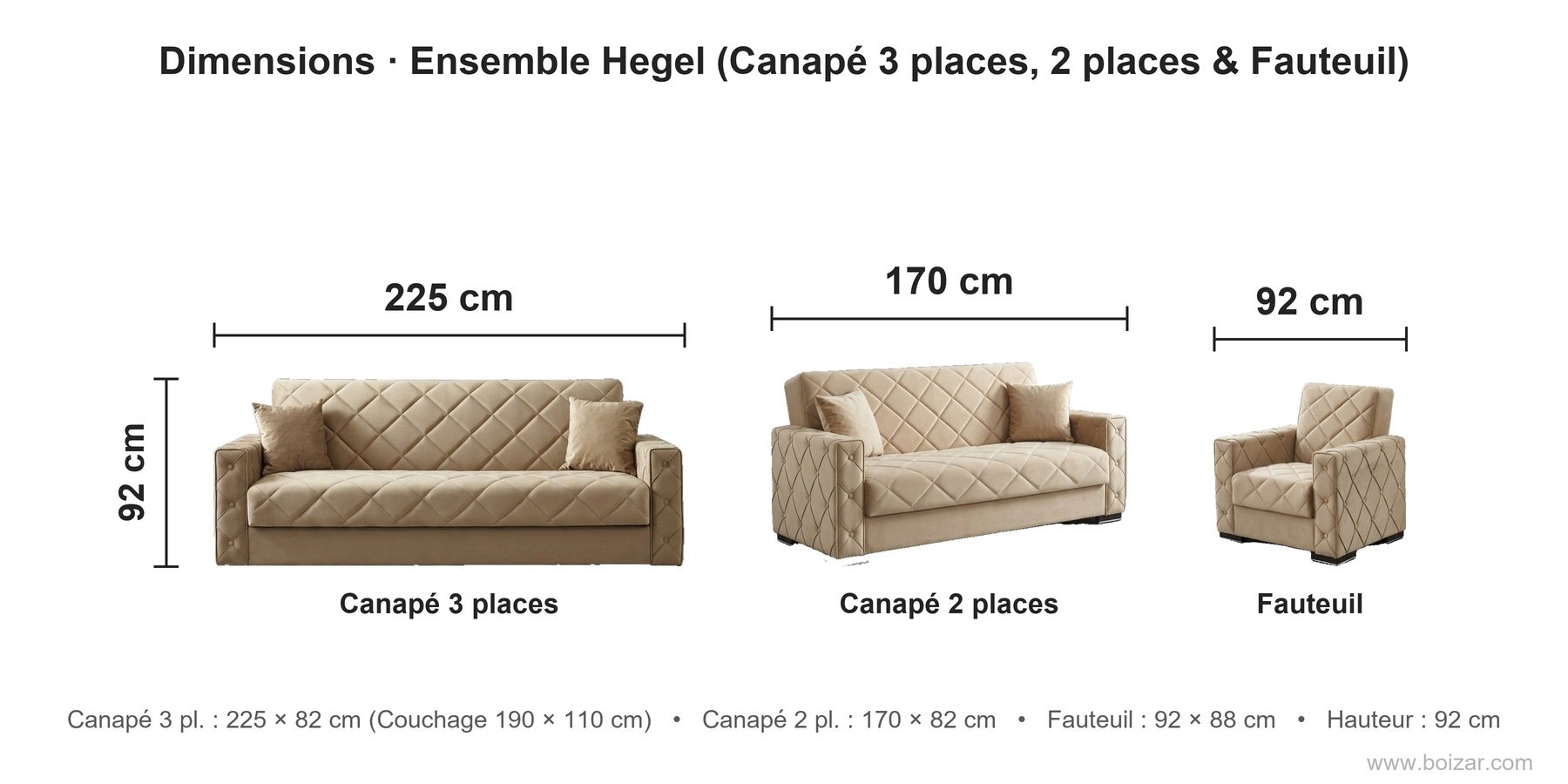 Dimensions de l'ensemble Hegel : canapé 3 places 225 cm, canapé 2 places 170 cm, fauteuil 92 cm