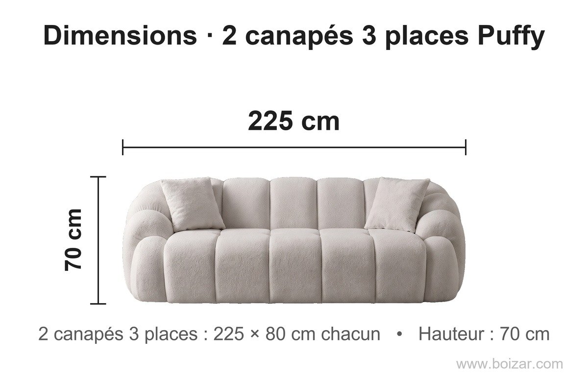 Dimensions de l'ensemble 2 canapés 3 places Puffy : 225 cm de large et 80 cm de profondeur chacun, hauteur 70 cm