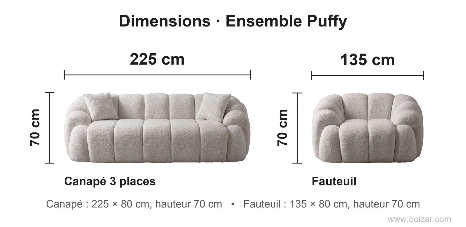 Dimensions de l'ensemble Puffy : canapé 3 places 225 cm, fauteuil 135 cm, hauteur 70 cm