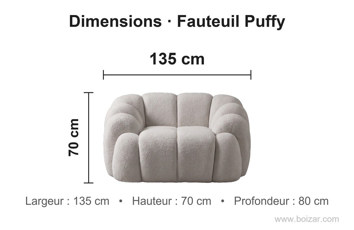 Dimensions du fauteuil Puffy : 135 cm de large, 80 cm de profondeur, hauteur 70 cm