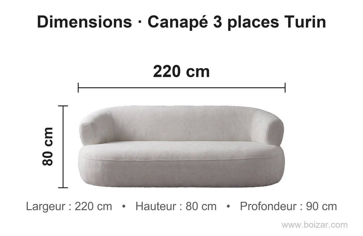 Dimensions du canapé 3 places Turin : 220 cm de large, 90 cm de profondeur, hauteur 80 cm