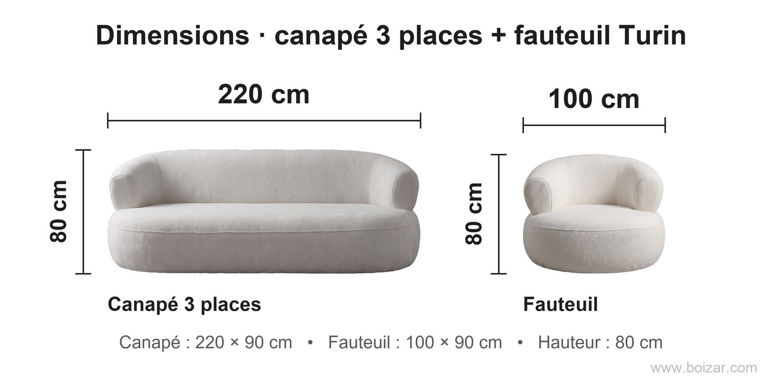 Dimensions de l'ensemble canapé 3 places + fauteuil Turin : canapé 220 cm, fauteuil 100 cm, hauteur 80 cm