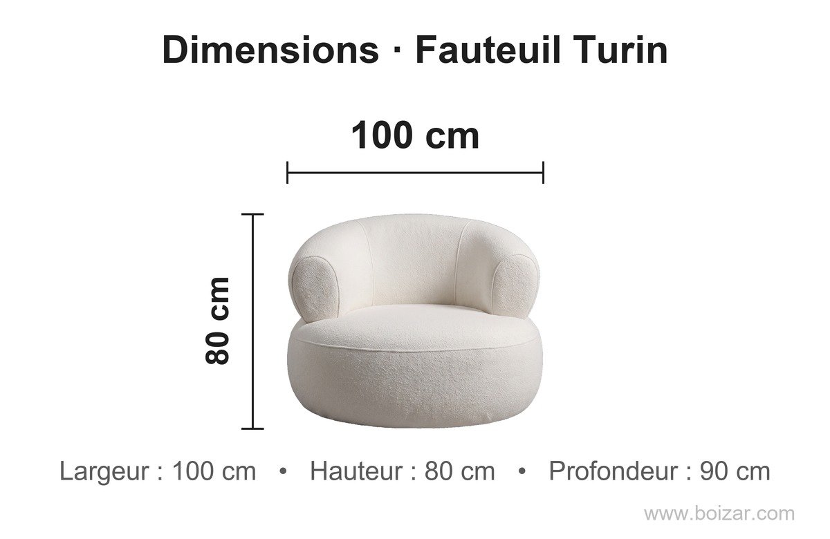 Dimensions du fauteuil Turin : 100 cm de large, 90 cm de profondeur, hauteur 80 cm